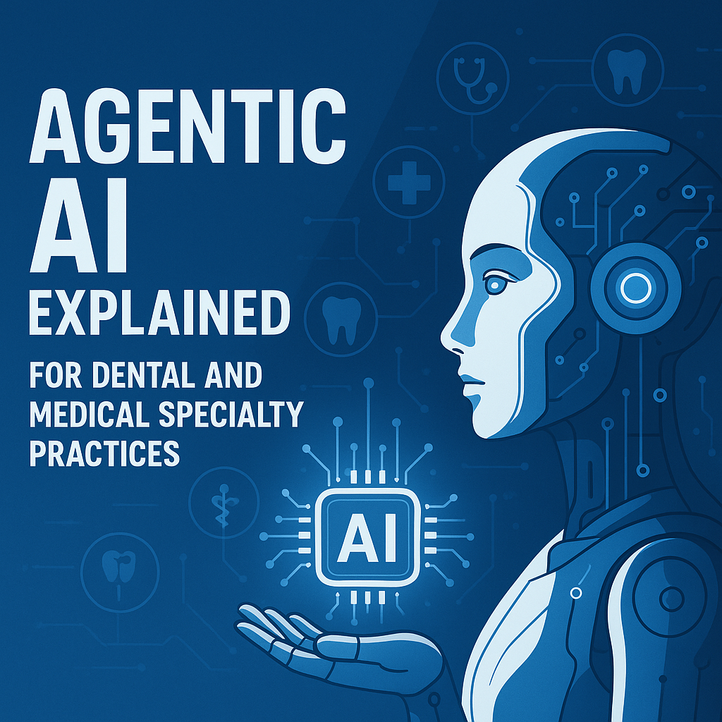 Graphic illustrating agentic AI in healthcare, highlighting dental and medical applications.