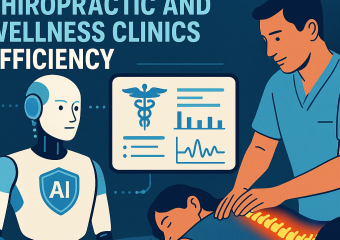 AI technology interface on a digital tablet used by a chiropractor in a clinic.