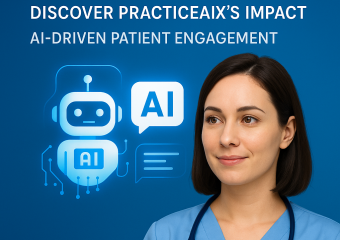 Graphic showing AI tools enhancing patient engagement in a healthcare setting.