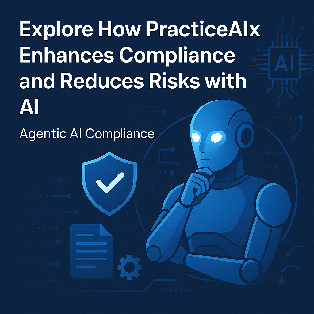 Graphic showing PracticeAIx AI solutions for compliance and risk reduction in business.