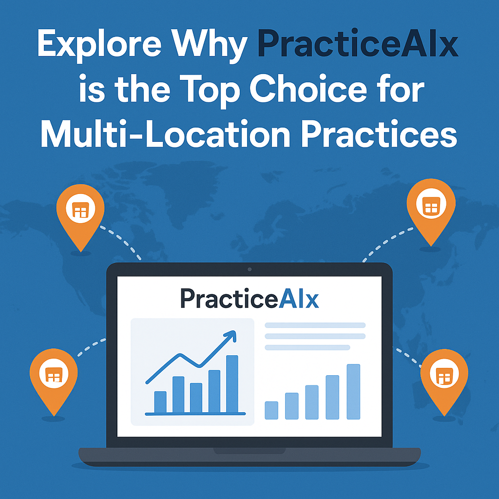 Graphic showing PracticeAIx on a laptop screen with data analytics for multi-location medical practices.