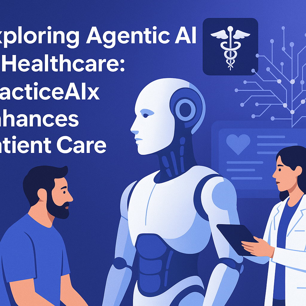 Graphic of a doctor using a computer with Agentic AI software, aiding patient care.