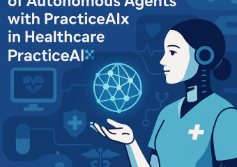 A graphic showing a humanoid robot interacting with healthcare data on a digital interface.