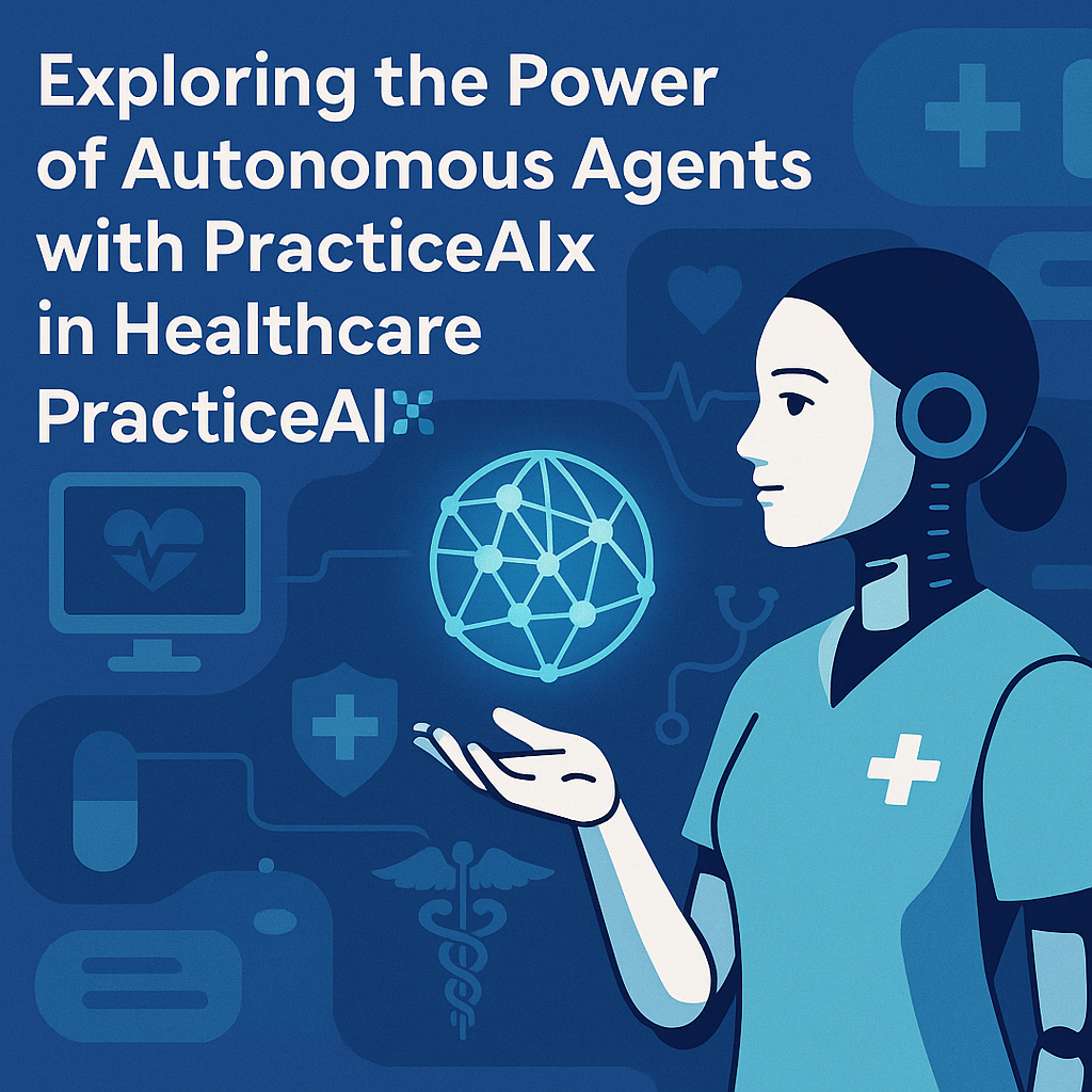 A graphic showing a humanoid robot interacting with healthcare data on a digital interface.