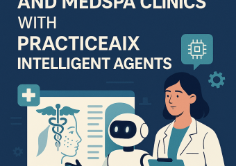 Graphic of AI agents represented by digital icons over an image of a dermatology clinic, symbolizing enhanced healthcare serv