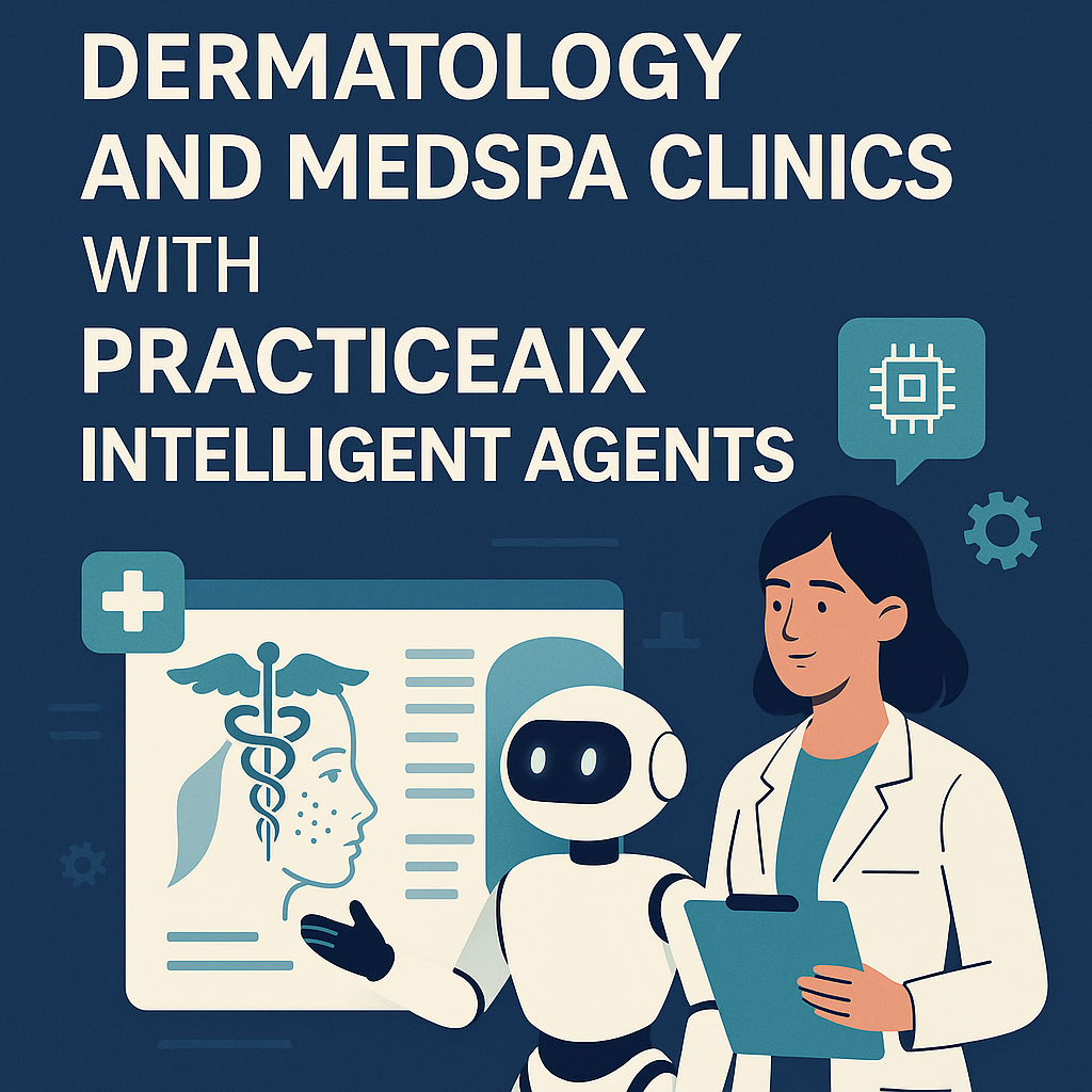 Graphic of AI agents represented by digital icons over an image of a dermatology clinic, symbolizing enhanced healthcare serv