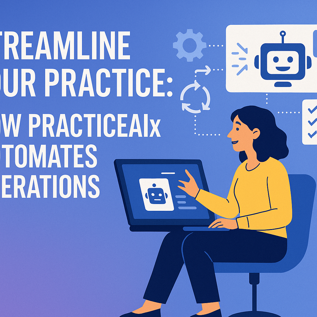 Illustration of a woman using a laptop with AI tools to optimize medical practice operations.