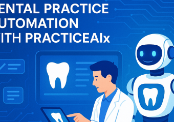 A concept image showcasing an AI interface on a computer screen in a modern dental office setting.