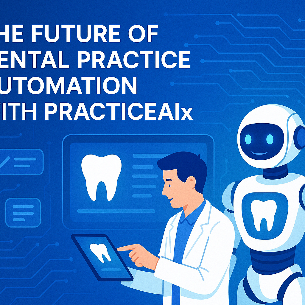 A concept image showcasing an AI interface on a computer screen in a modern dental office setting.