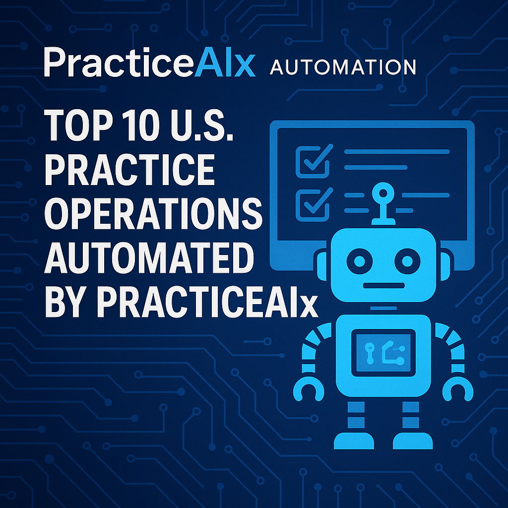Infographic listing top 10 U.S. practice operations automated by PracticeAIx, including icons and brief descriptions.