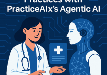 Digital illustration of a healthcare professional using PracticeAIx's agentic AI technology on a computer in a modern clinic.