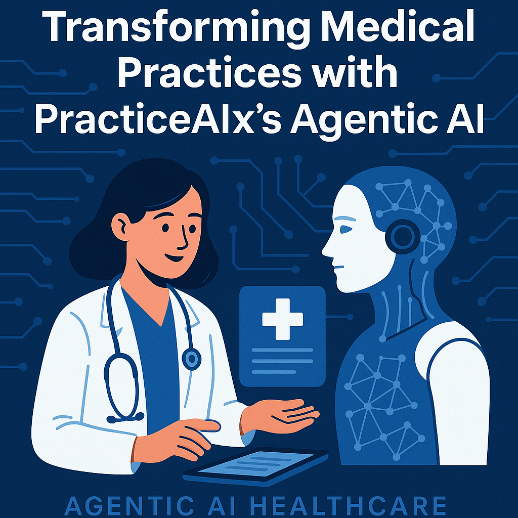 Digital illustration of a healthcare professional using PracticeAIx's agentic AI technology on a computer in a modern clinic.