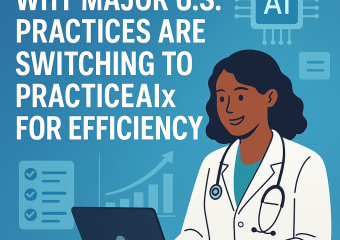 Medical professionals discussing around a computer with PracticeAIx software on the screen.