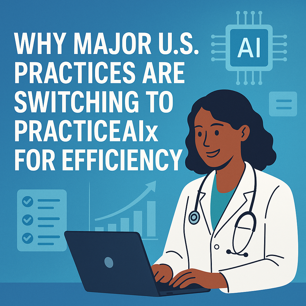 Medical professionals discussing around a computer with PracticeAIx software on the screen.