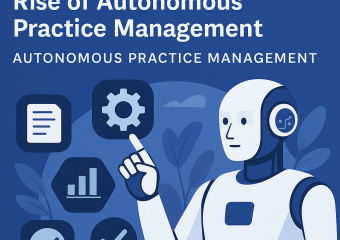 Illustration of a robot interacting with icons related to autonomous practice management by PracticeAIx.