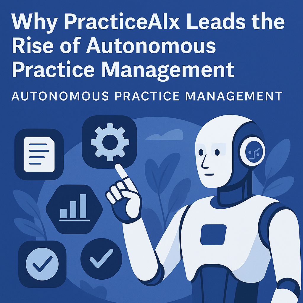 Illustration of a robot interacting with icons related to autonomous practice management by PracticeAIx.